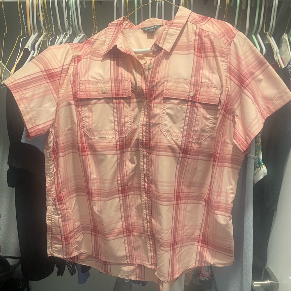 Eddie Bauer Pink Plaid Short Sleeve Button Front Shirt-never been worn.